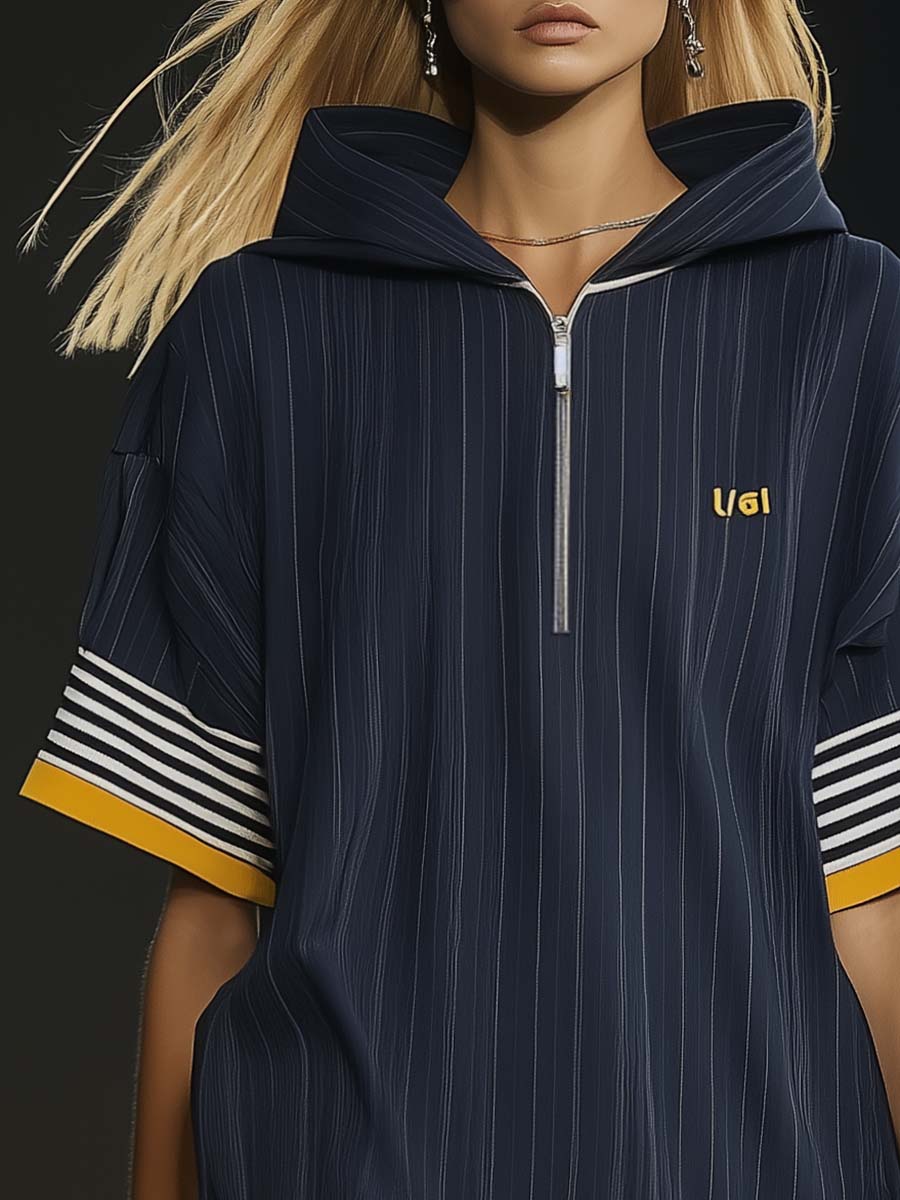 【24-hour shipping out】Casual Ultra-loose Front Zipper Short-sleeved Ruffled Hem Navy Blue Hoodie Style Mini Dress