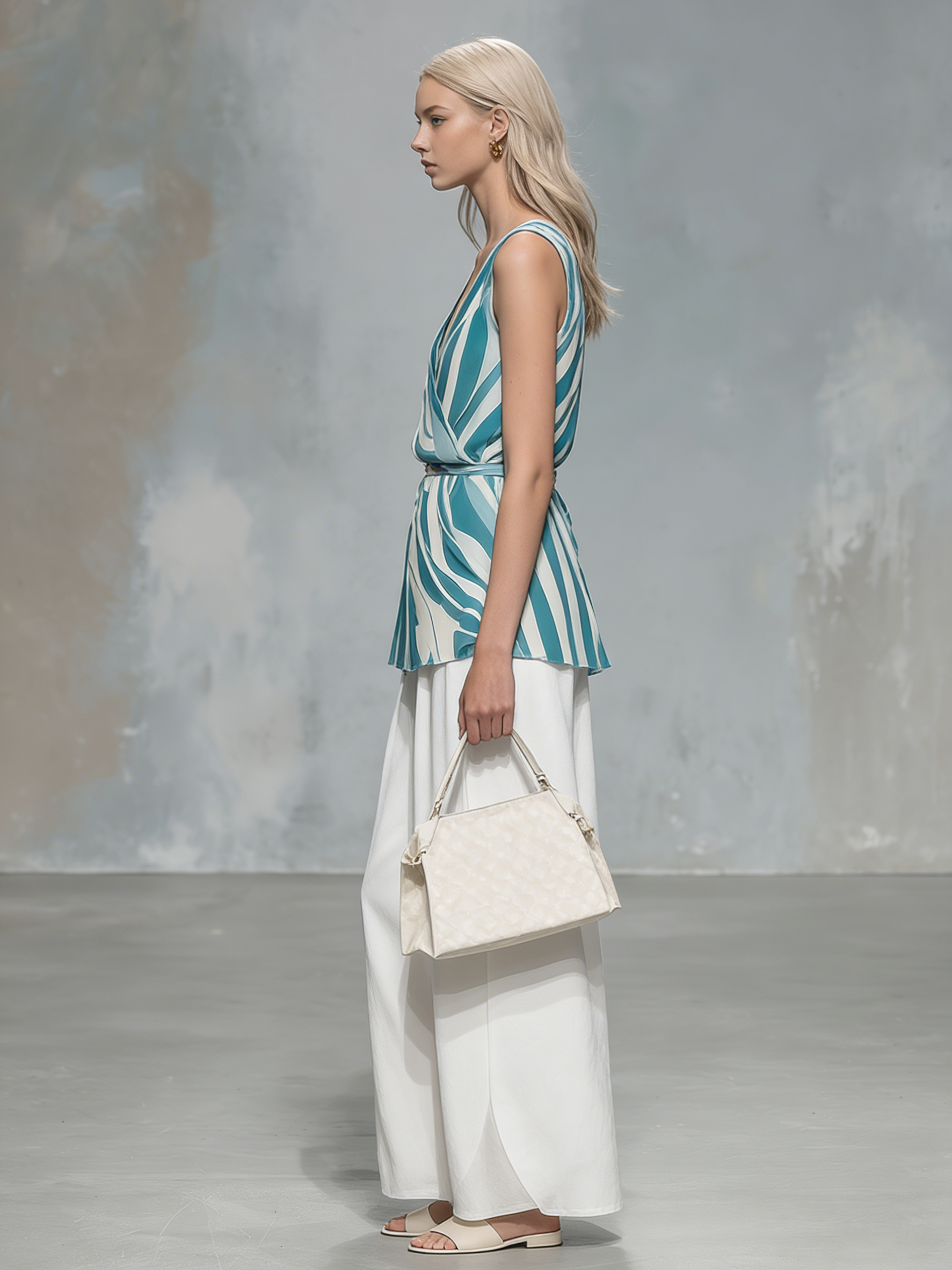 Stylish And Casual Sleeveless V-neck Striped Top And Wide-leg Trousers Set