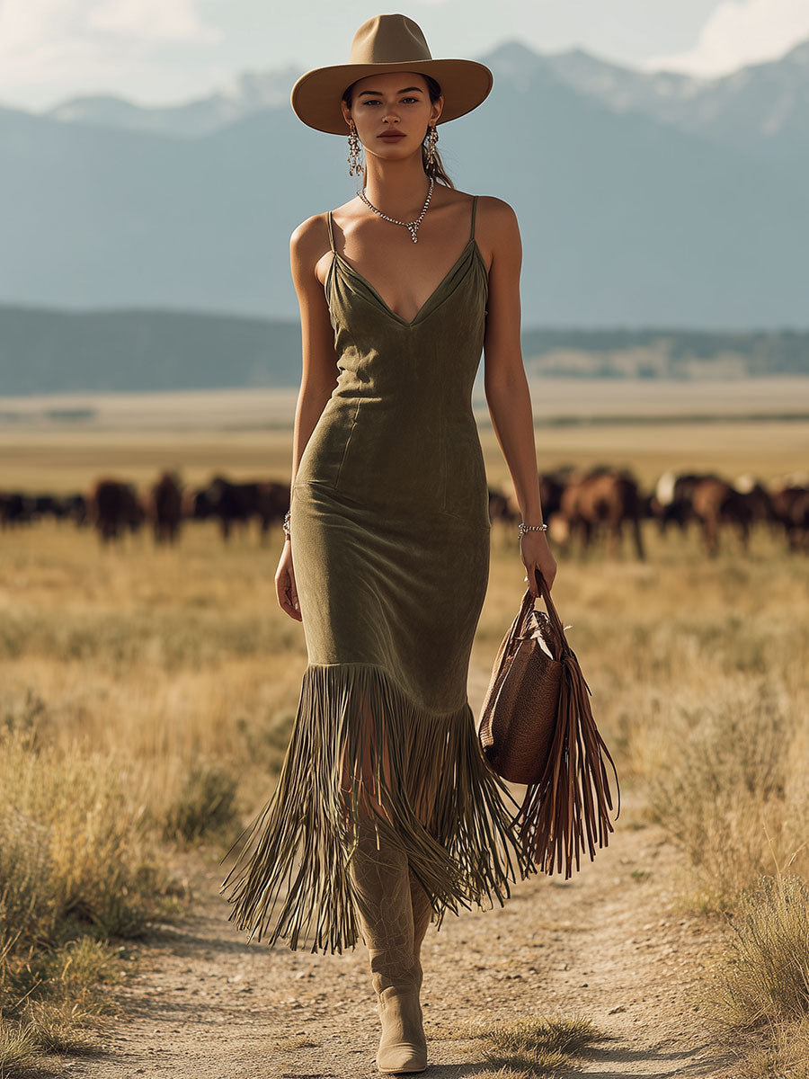 Western Retro Tassel Green Suede Midi Dress