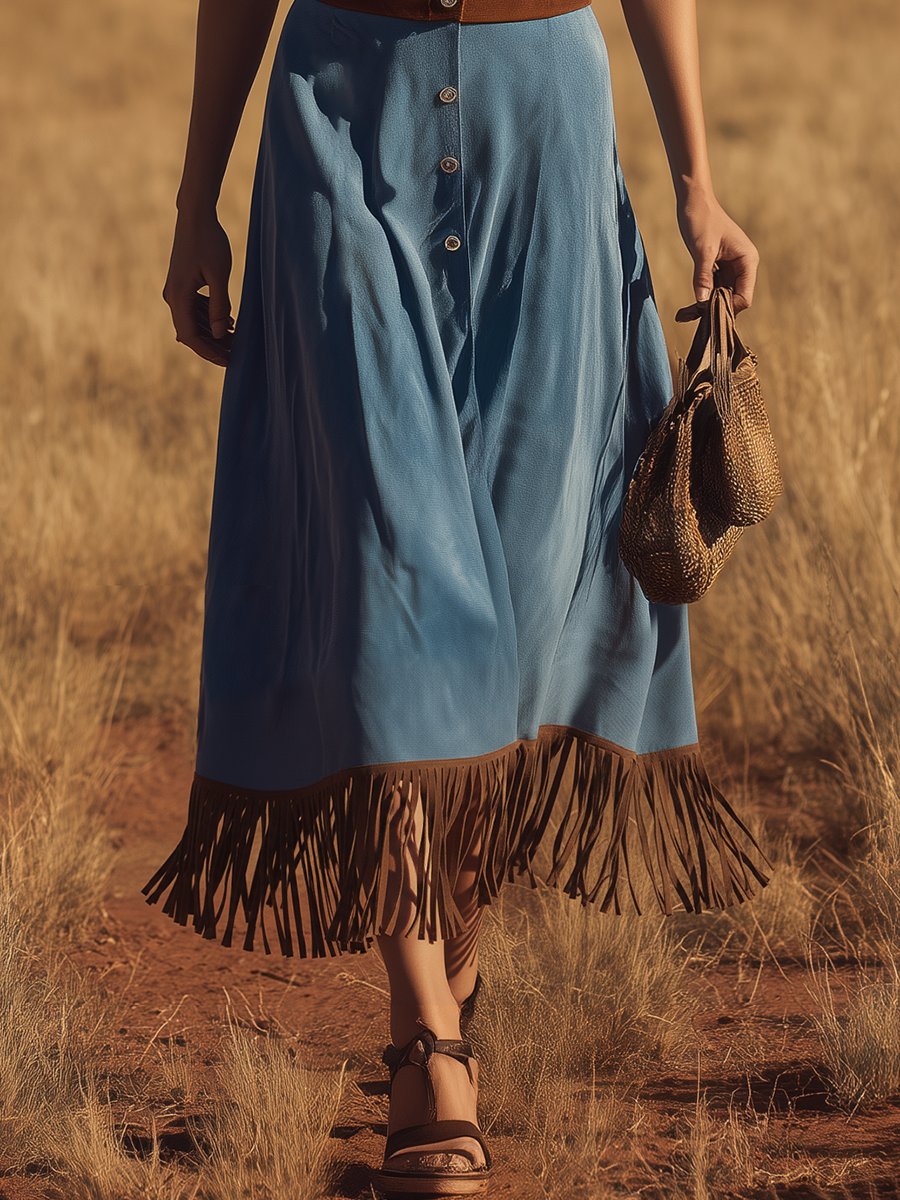 Western Bohemian Style V-neck Button-down Sleeveless Fringed Suede Maxi Dress