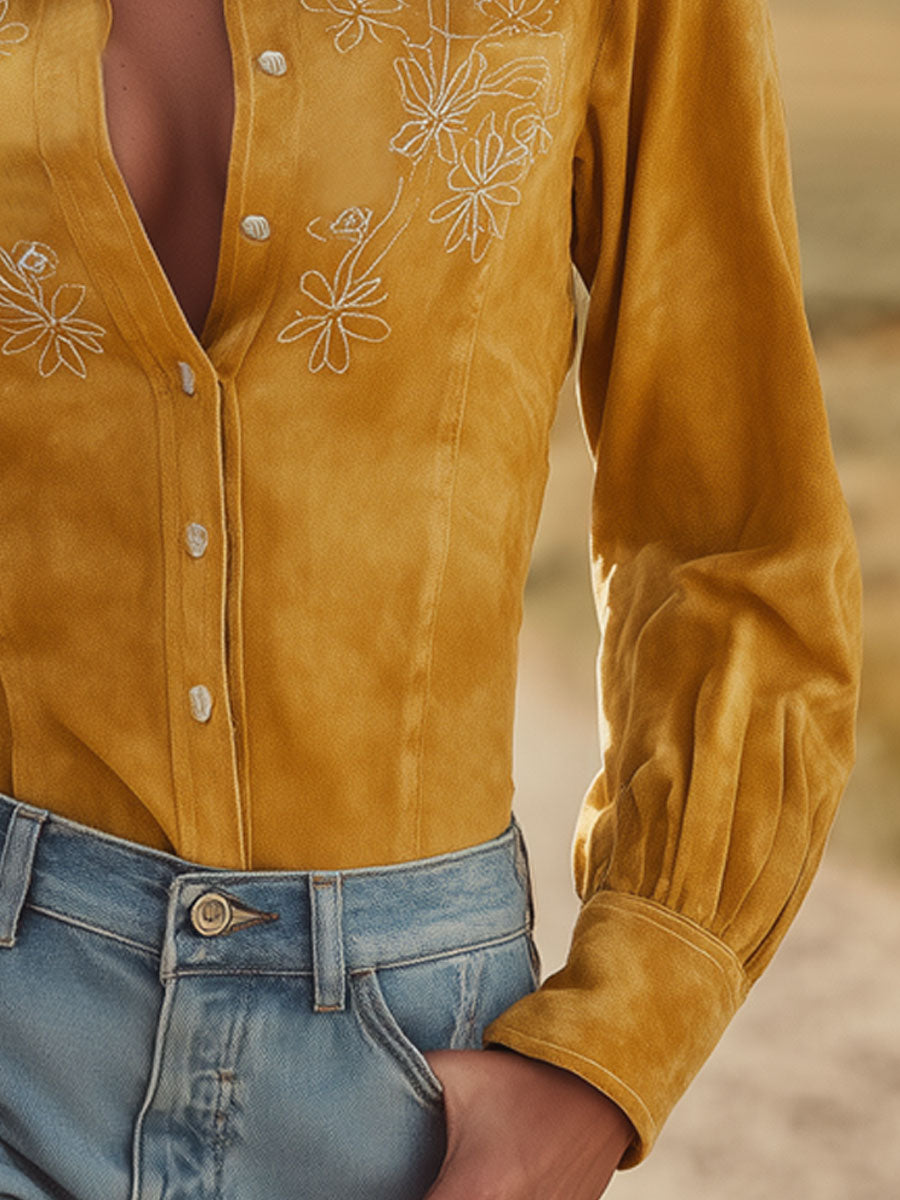 Western Retro Yellow Faux Suede Embroidered Long-Sleeved Shirt