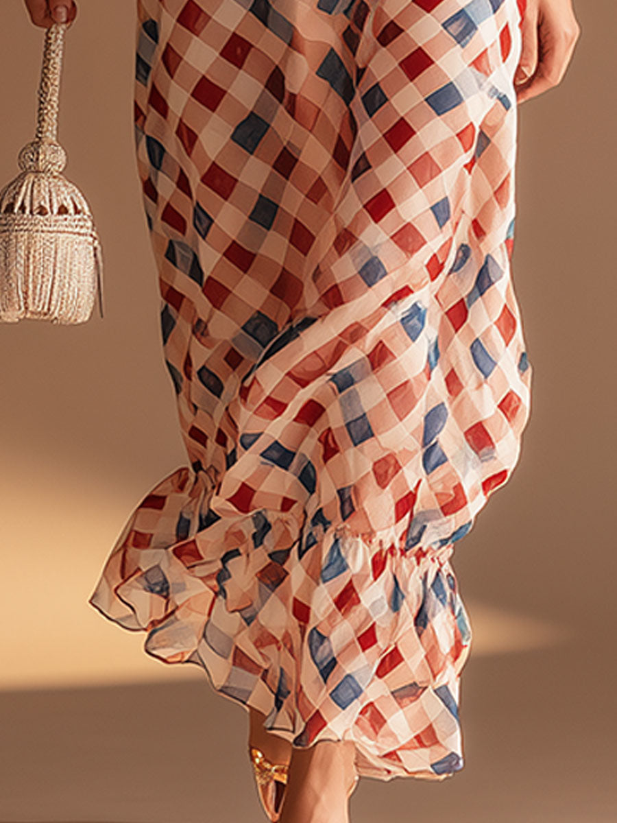 Fashionable Retro Plaid Print Ruffled Chiffon Maxi Dress