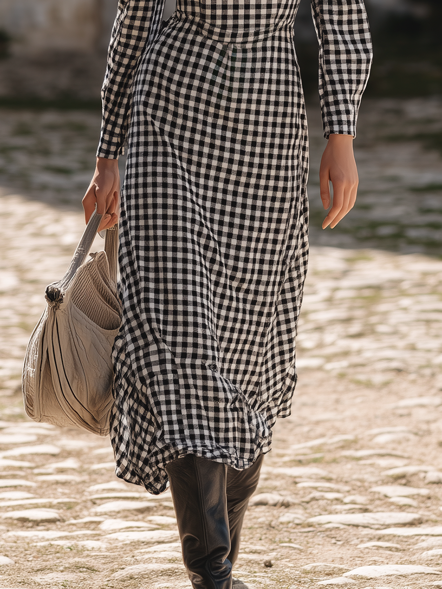 Retro Square Neck Long-sleeved Plaid Midi Dress