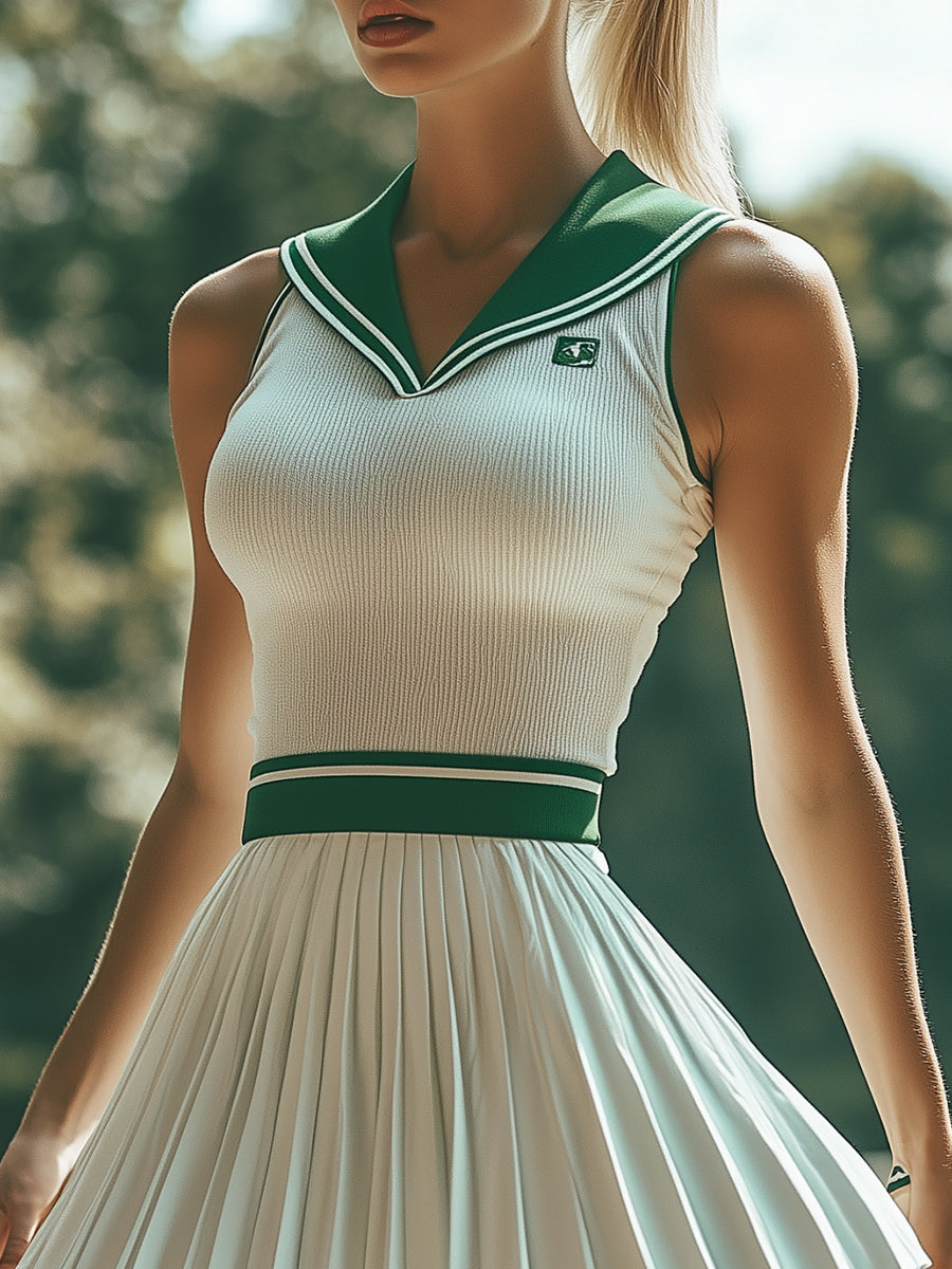 【24-hour shipping out】Fashionable Preppy Style White And Green Contrast Striped Sleeveless Mini Dress