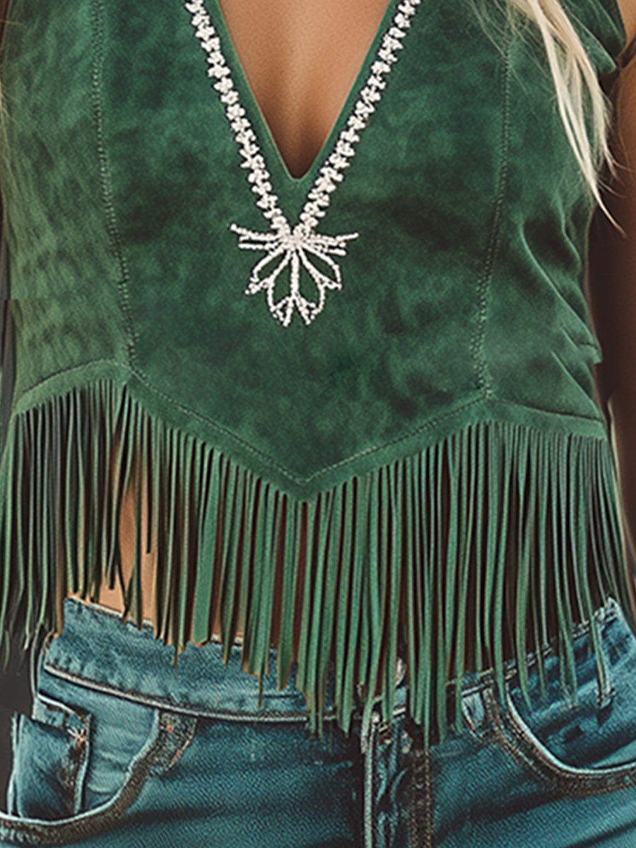 【24-hour shipping out】Vintage Rich Green Suede Embroidered Tassel Top