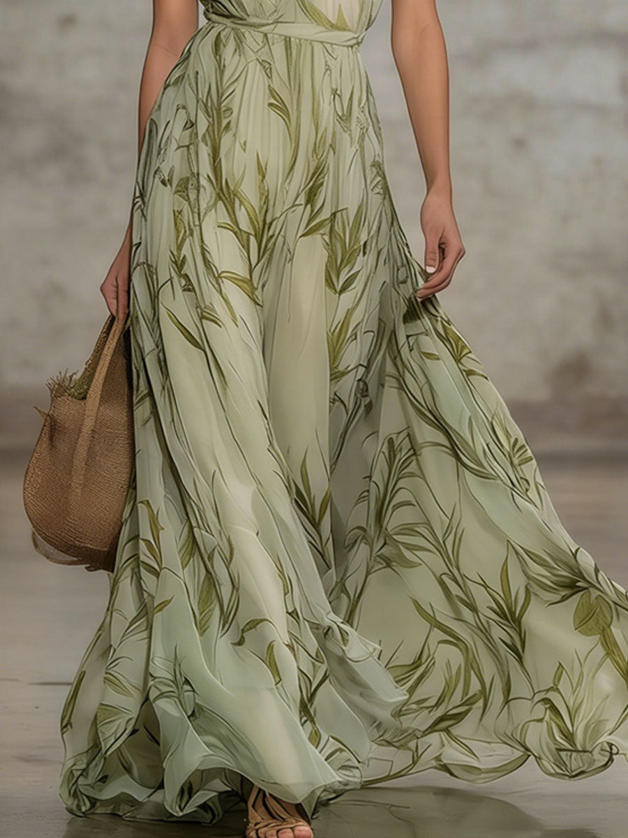 Elegant Leaf Print Halter Neck Chiffon Sleeveless Maxi Dress