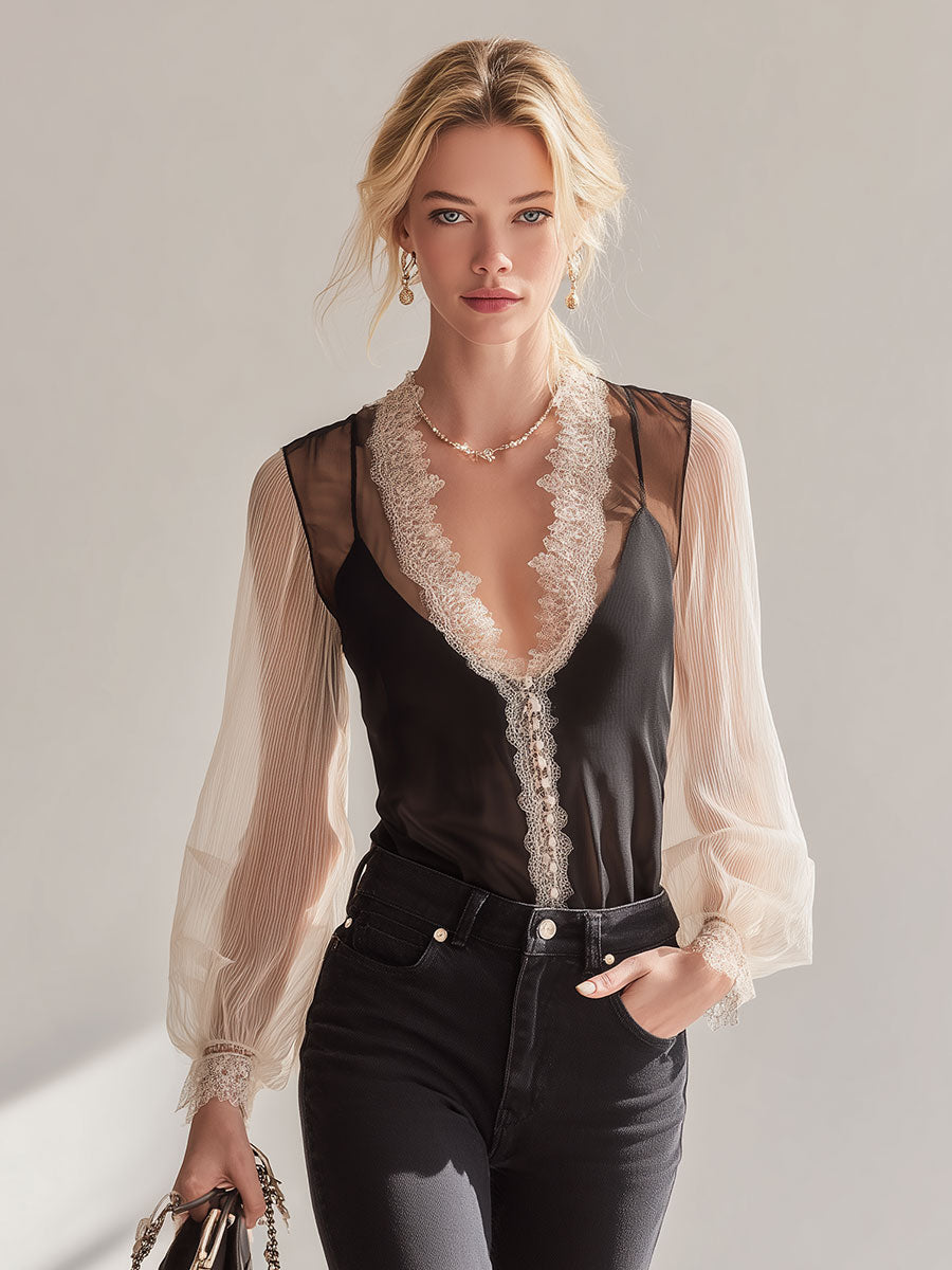 Exquisite And Elegant Black And White Color-blocked Camisole Chiffon Shirt