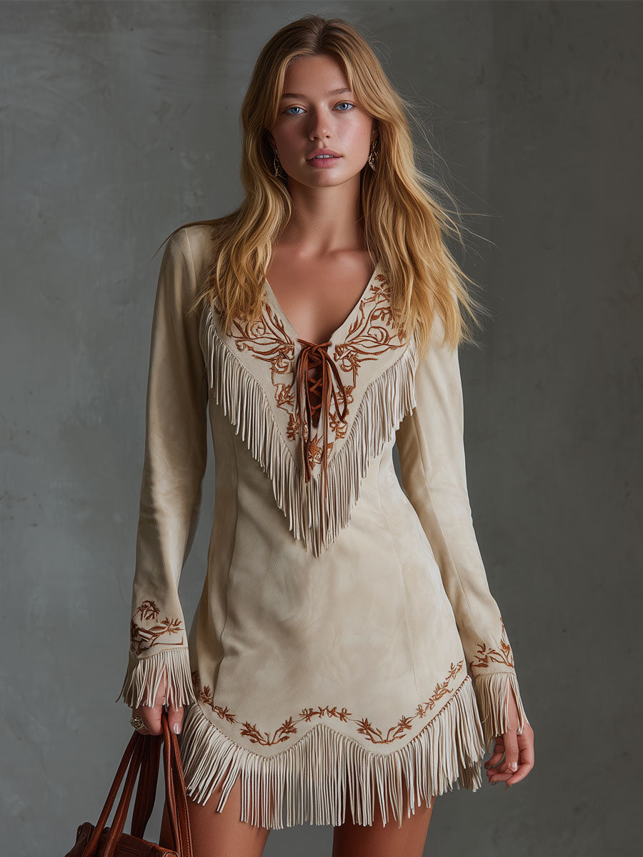 Western-style Tie-up Embroidered Fringed Faux Suede Long-sleeved Mini Dress