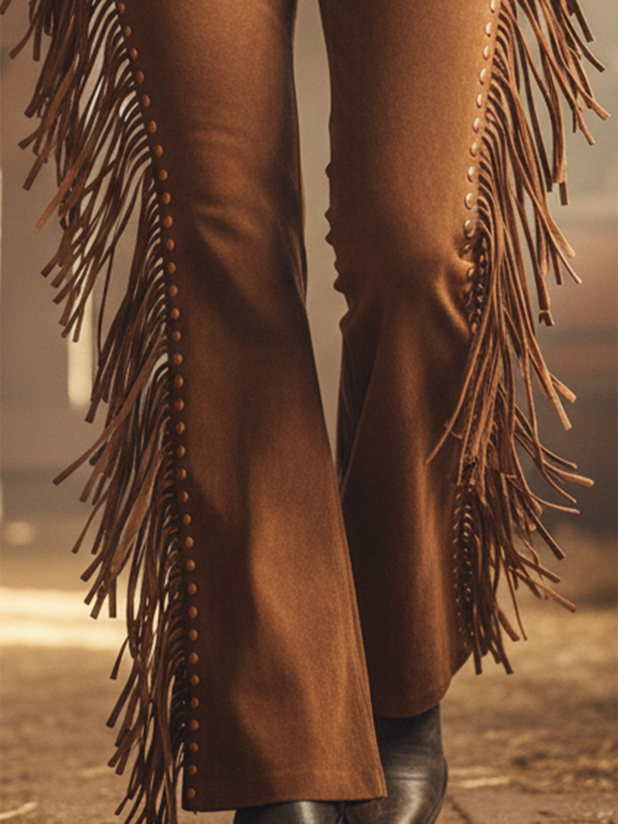 Western-style Brown Faux Suede Patchwork Tassel Studded Flared Trousers