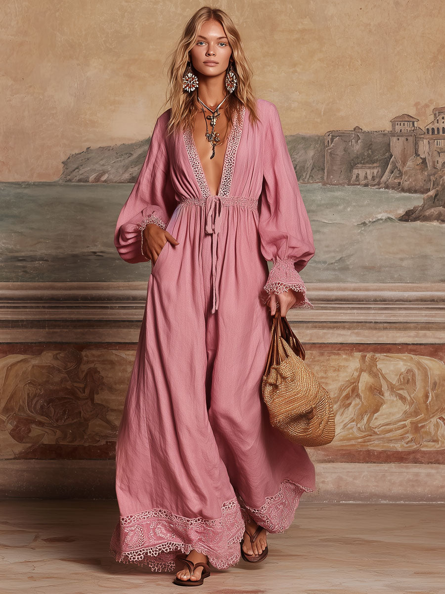 Pink V-neck Tie-waist Patchwork Lace Cotton And Linen Long-sleeved Maxi Dress