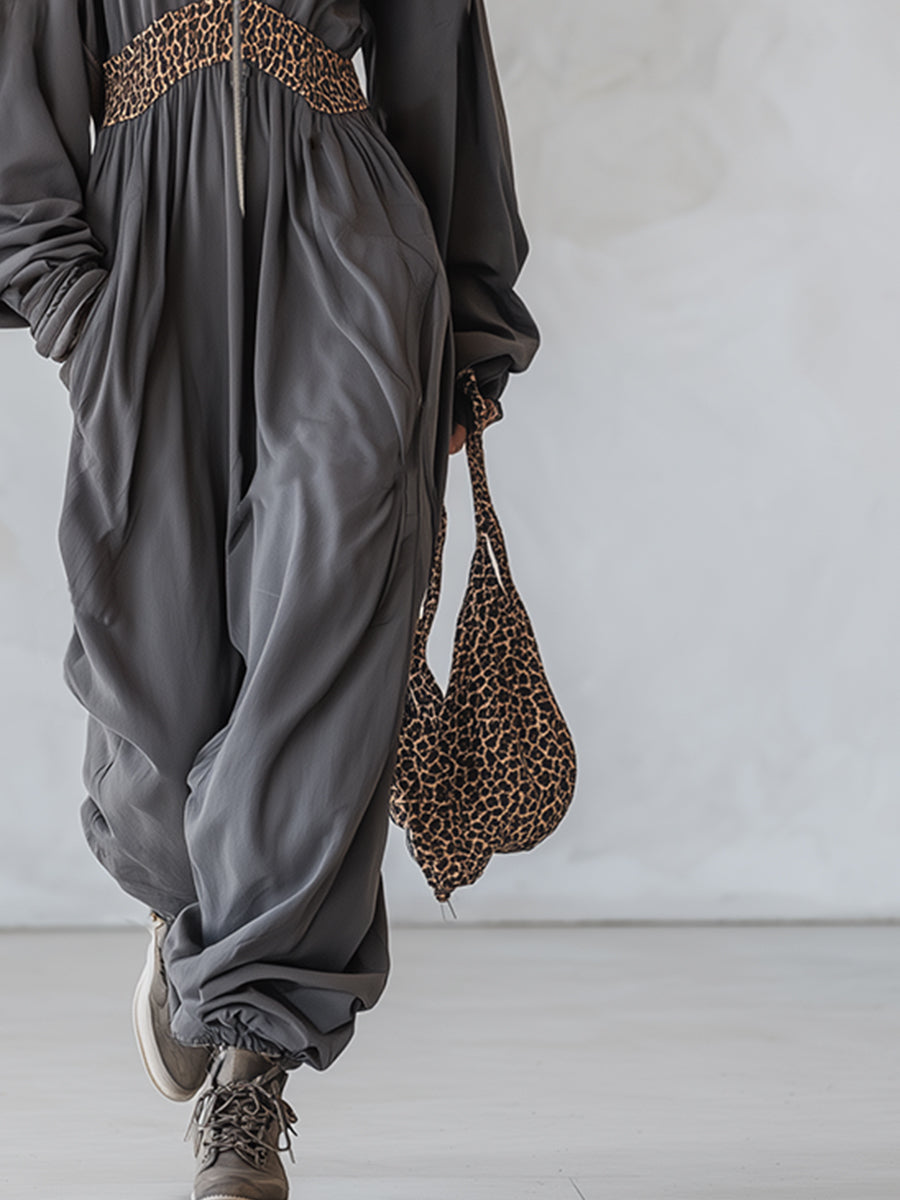 Casual Fit Leopard Print Trim Dark Gray Cotton Athletic Jumpsuit