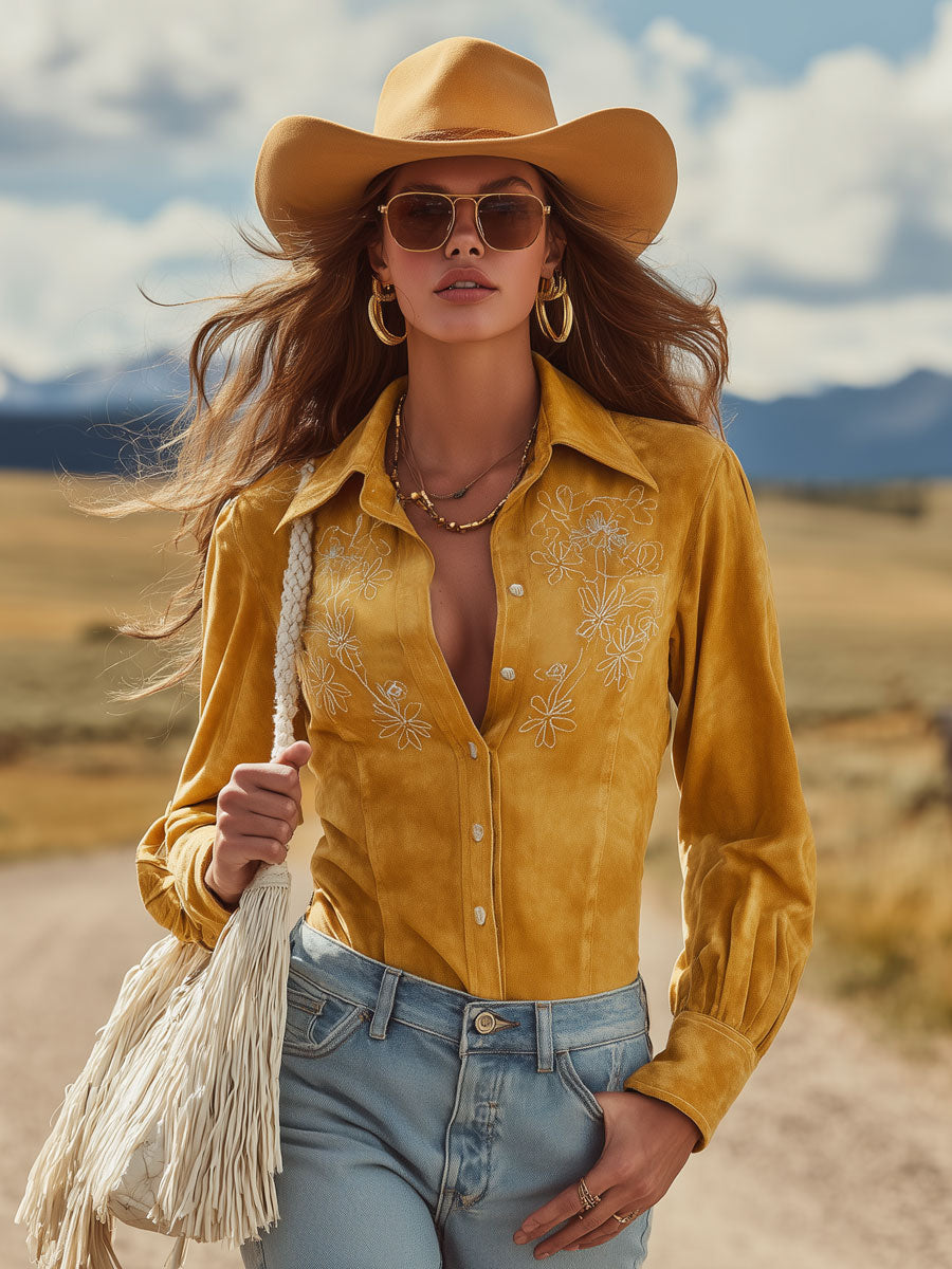 Western Retro Yellow Faux Suede Embroidered Long-Sleeved Shirt