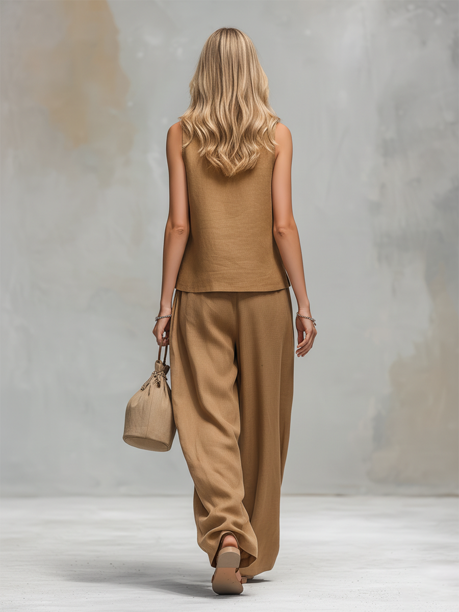 Comfortable And Casual V-neck Sleeveless Button-down Top And Trousers Set