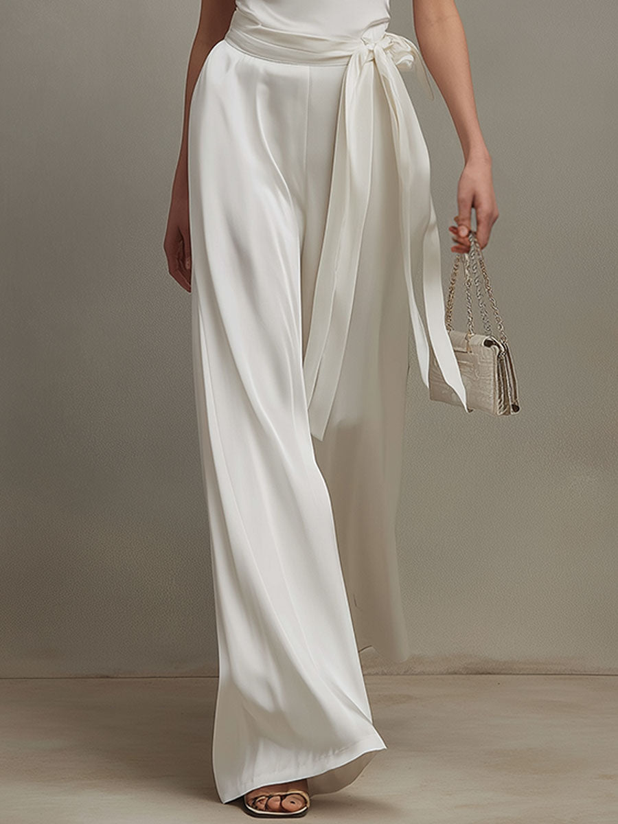Stylish And Elegant White Satin Sleeveless Top And Pants Set