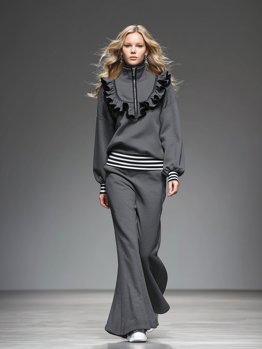 Elegant Sporty Ruffled Sweatshirt And Flared Pants Set