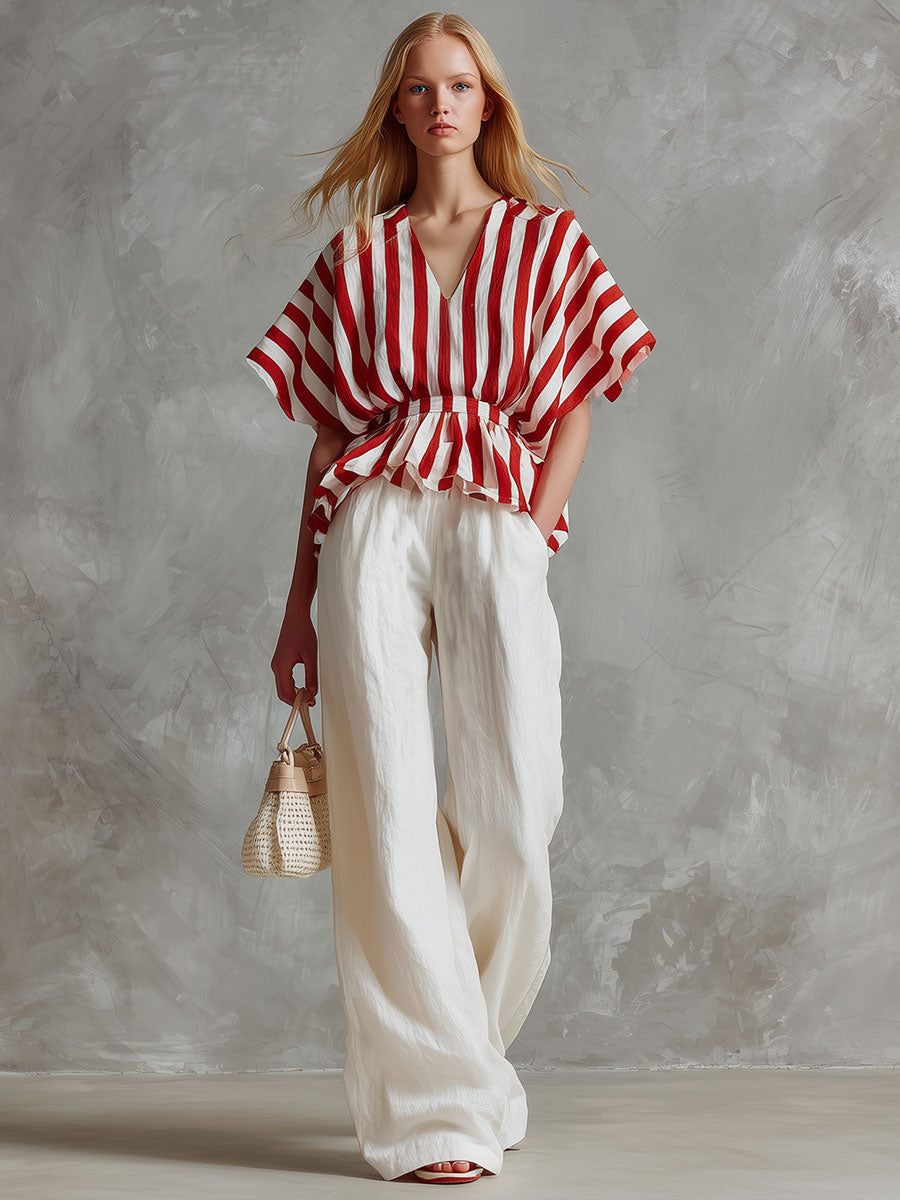 Casual Retro Style Red And White Striped Chiffon Shirt And White Cotton Linen Pants Set