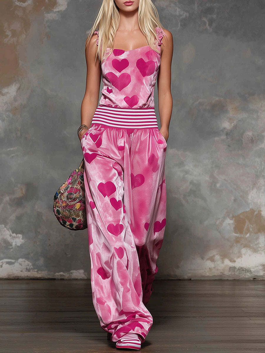 Pink Heart-print Sleeveless Jumpsuit
