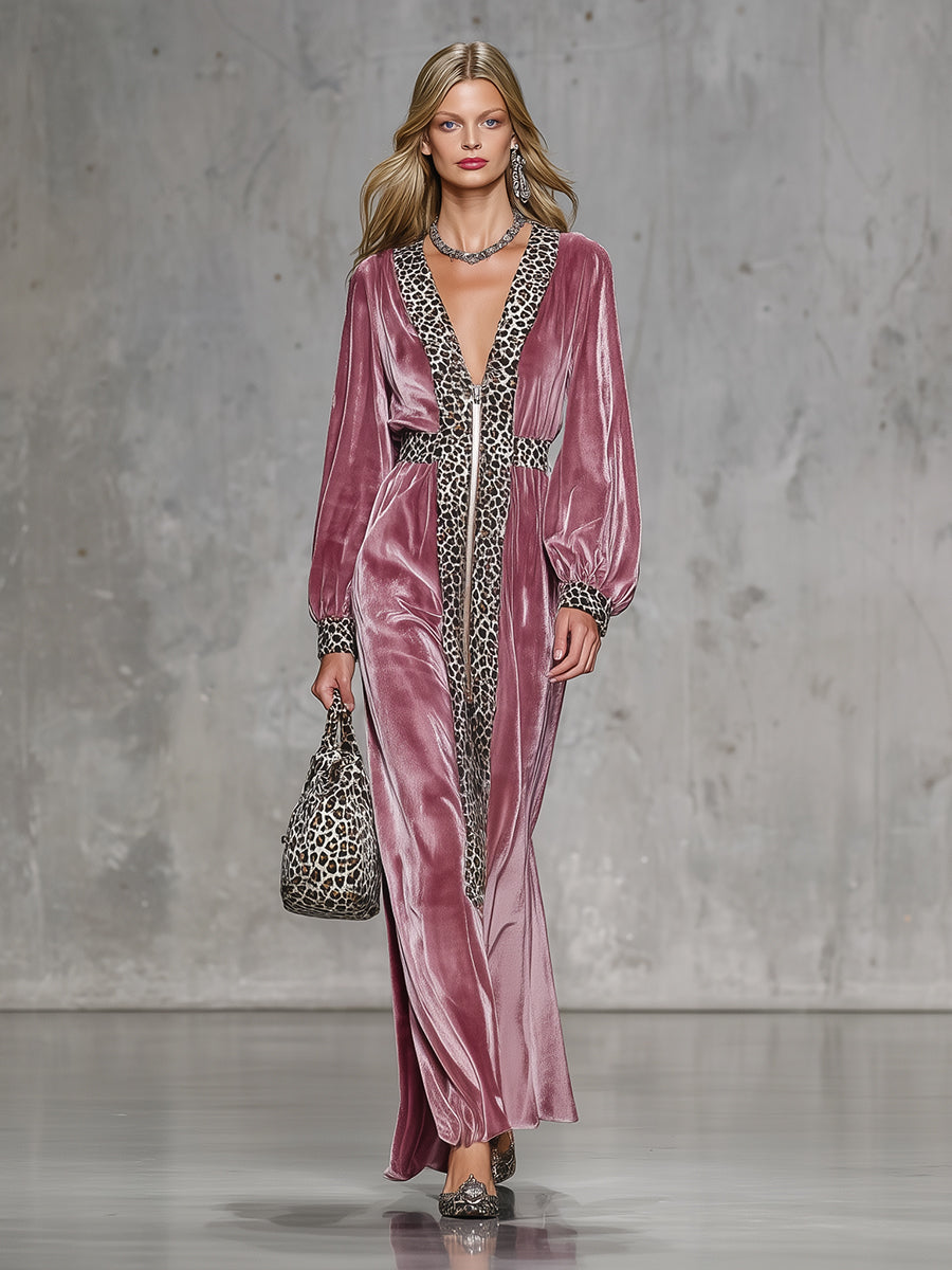 Fashionable Pink Velvet Patchwork Leopard Print Zipper Straight Maxi Dress