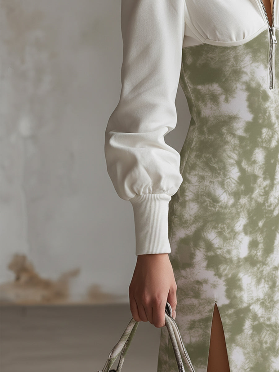 Elegant Sporty Green Tie-dye Half-zip Midi Dress