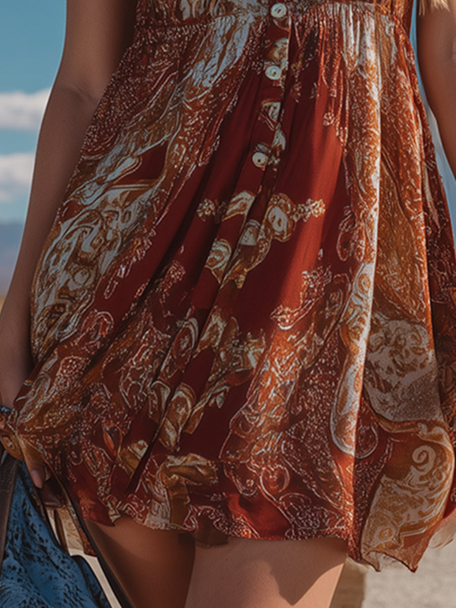 Retro Western Rust-Red Printed Chiffon Sleeveless Mini Dress