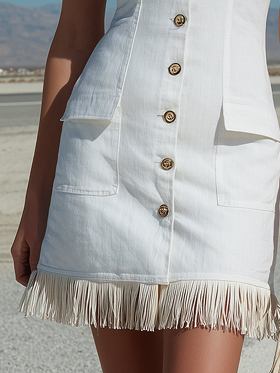 Retro Western White Collared Front Buttoned Tassel Sleeveless Mini Dress