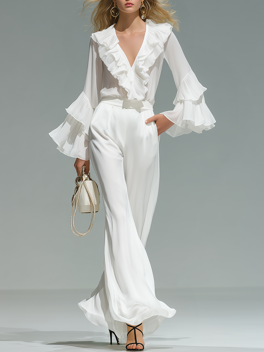 Stylish And Elegant V-neck Ruffled Flared Long-sleeved Top And Trousers Chiffon Set