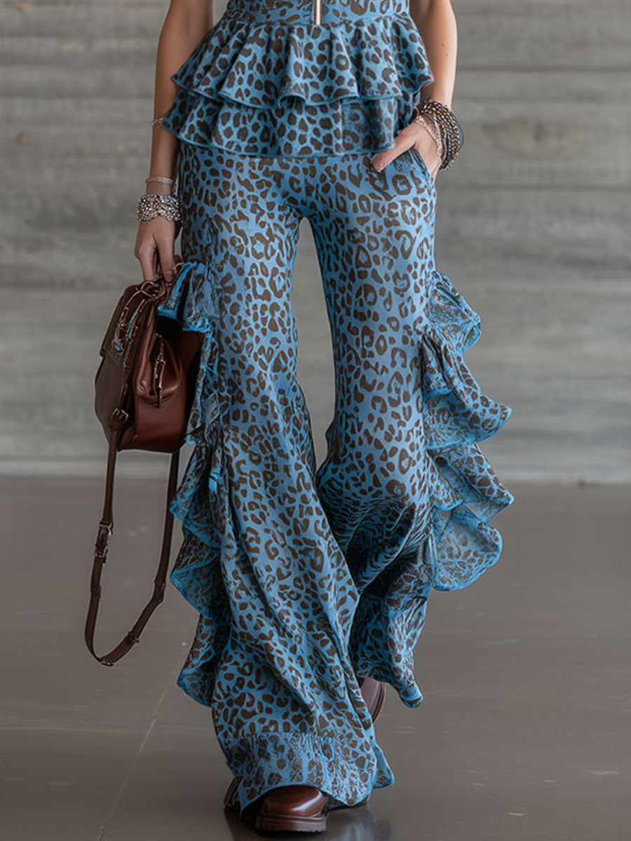 Retro Resort Leopard Print Blue Chiffon Sleeveless Ruffled Top And Flared Pants Set