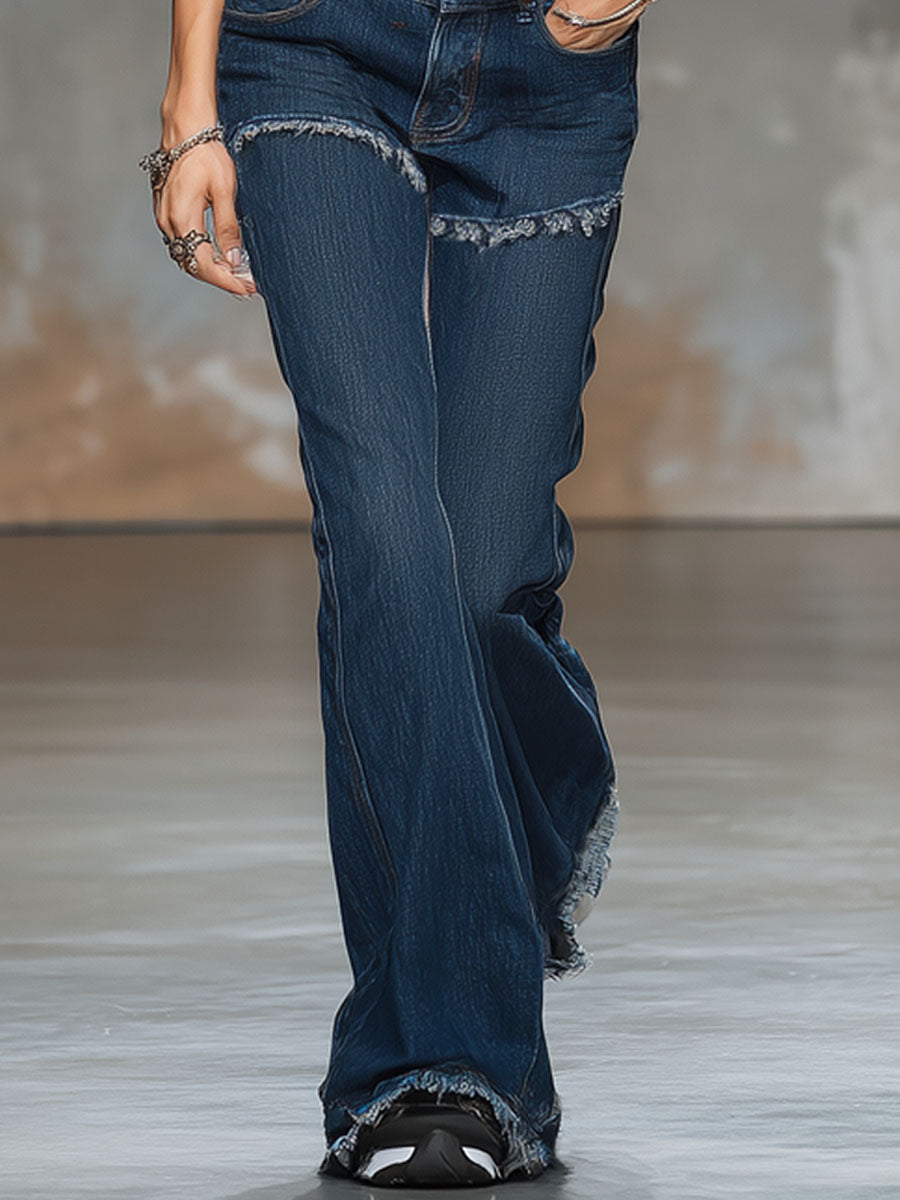 Vintage-style Pocket Frayed Hem Flared Jeans