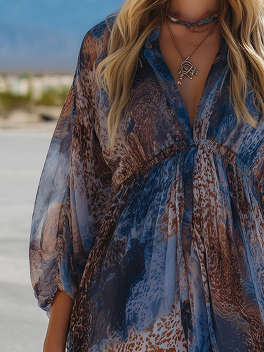 Retro Western-Style Blue Ombré Animal Print Chiffon Mini Dress