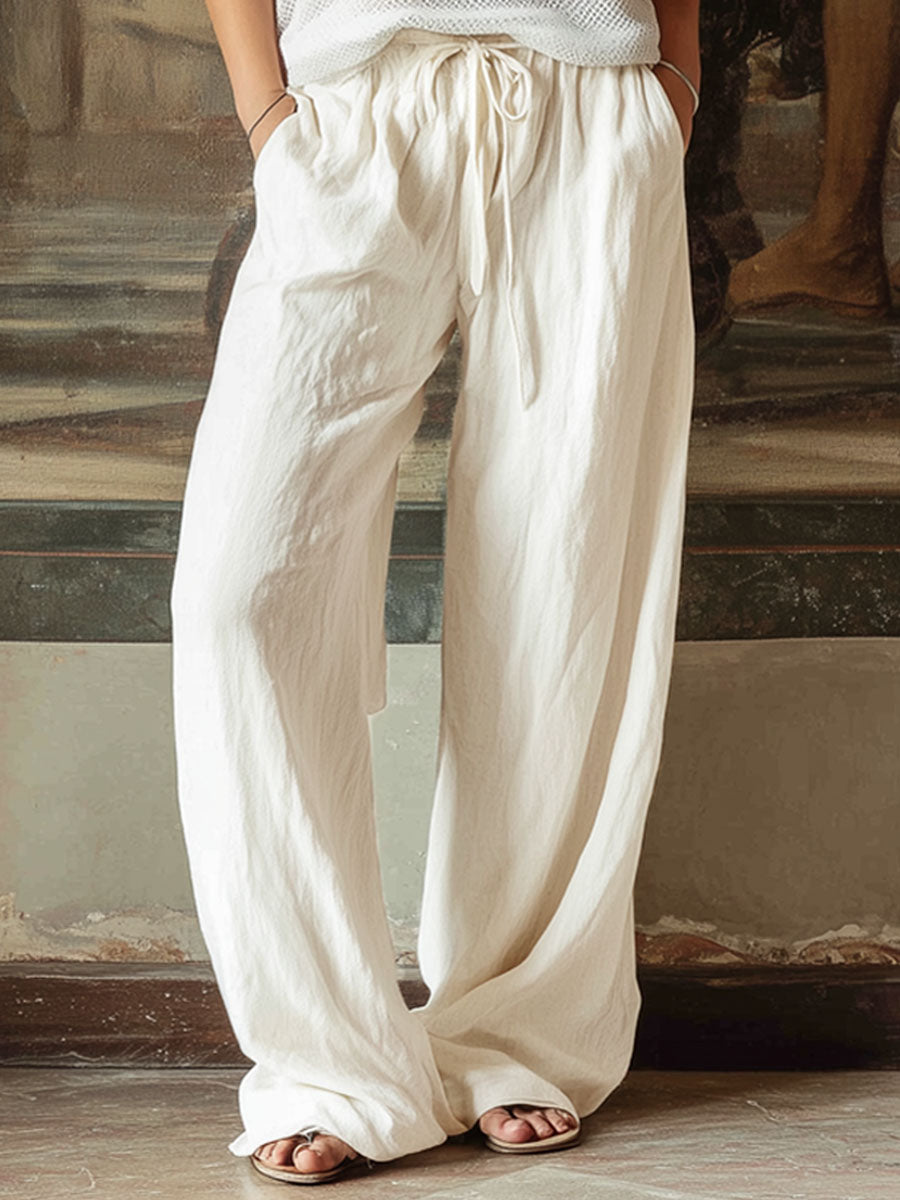 Loose Double-pocket Drawstring Cotton And Linen Pants