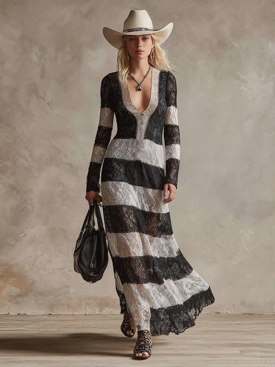Chic Retro Black And White Lace Striped Maxi Dress