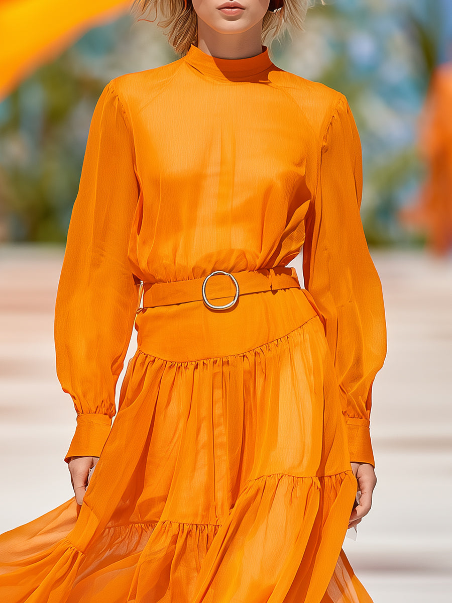 Fashionable And Casual Orange Chiffon Long-sleeved Maxi Dress