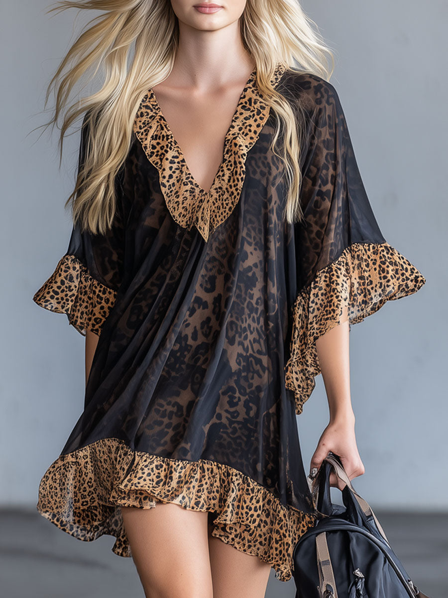 Leopard Print Chiffon Short-sleeved Mini Dress