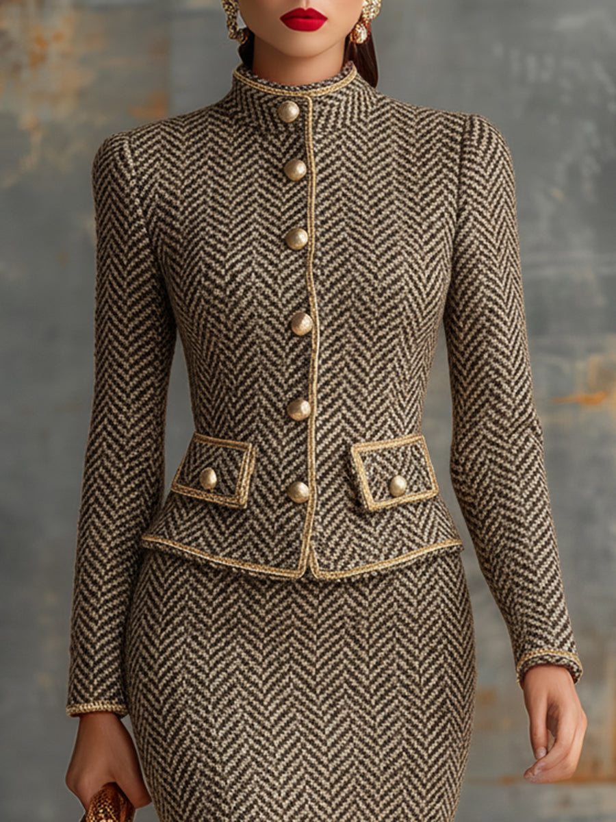 Vintage Herringbone Gold Trim Stand Collar Jacket And Skirt Set
