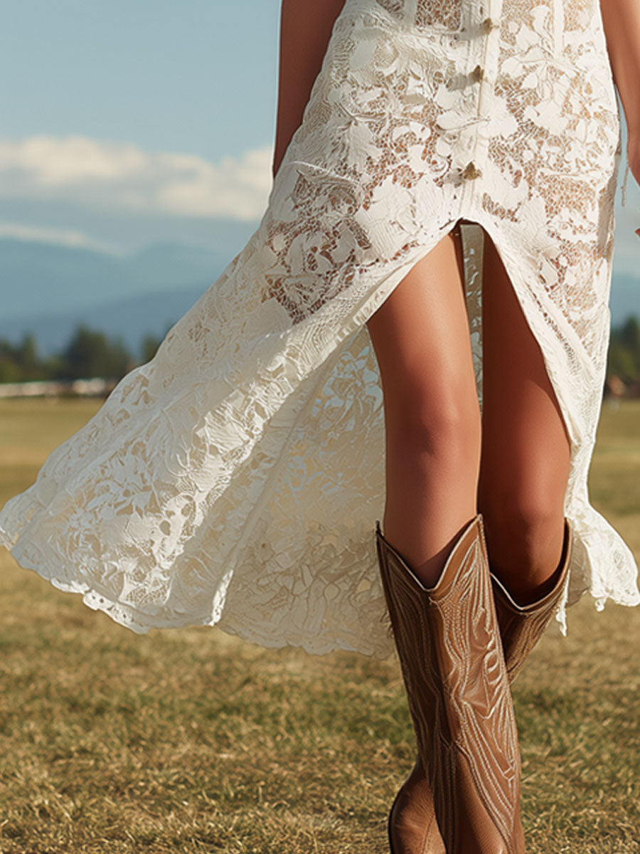 Western Retro White Lace Sleeveless Slit Maxi Dress