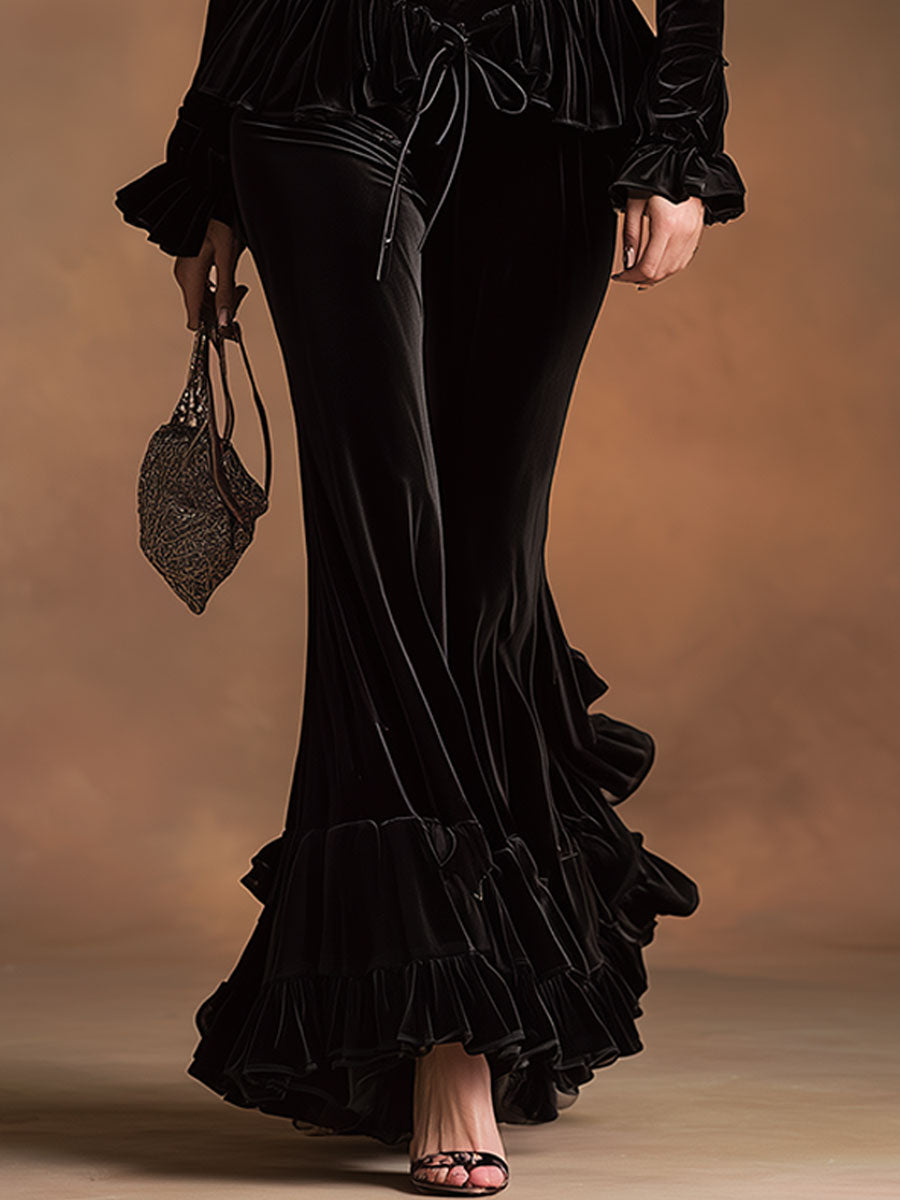 An Elegant, Vintage-style Embroidered Black Velvet Shirt And Ruffled Trousers Set