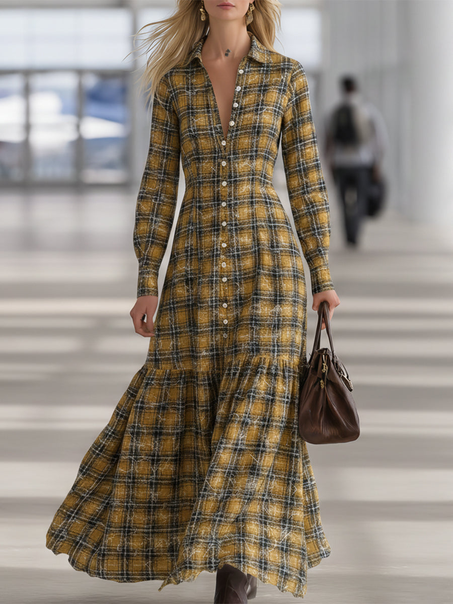 Casual And Stylish White Button-down Yellow And Black Plaid Maxi Dress