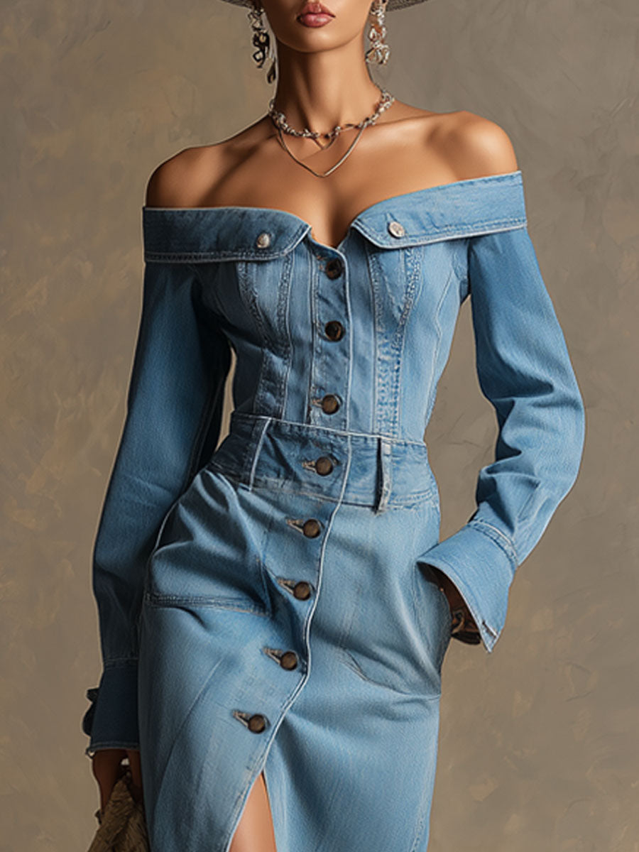 Fashionable Retro Off-shoulder Light Blue Denim Long-sleeved Midi Dress