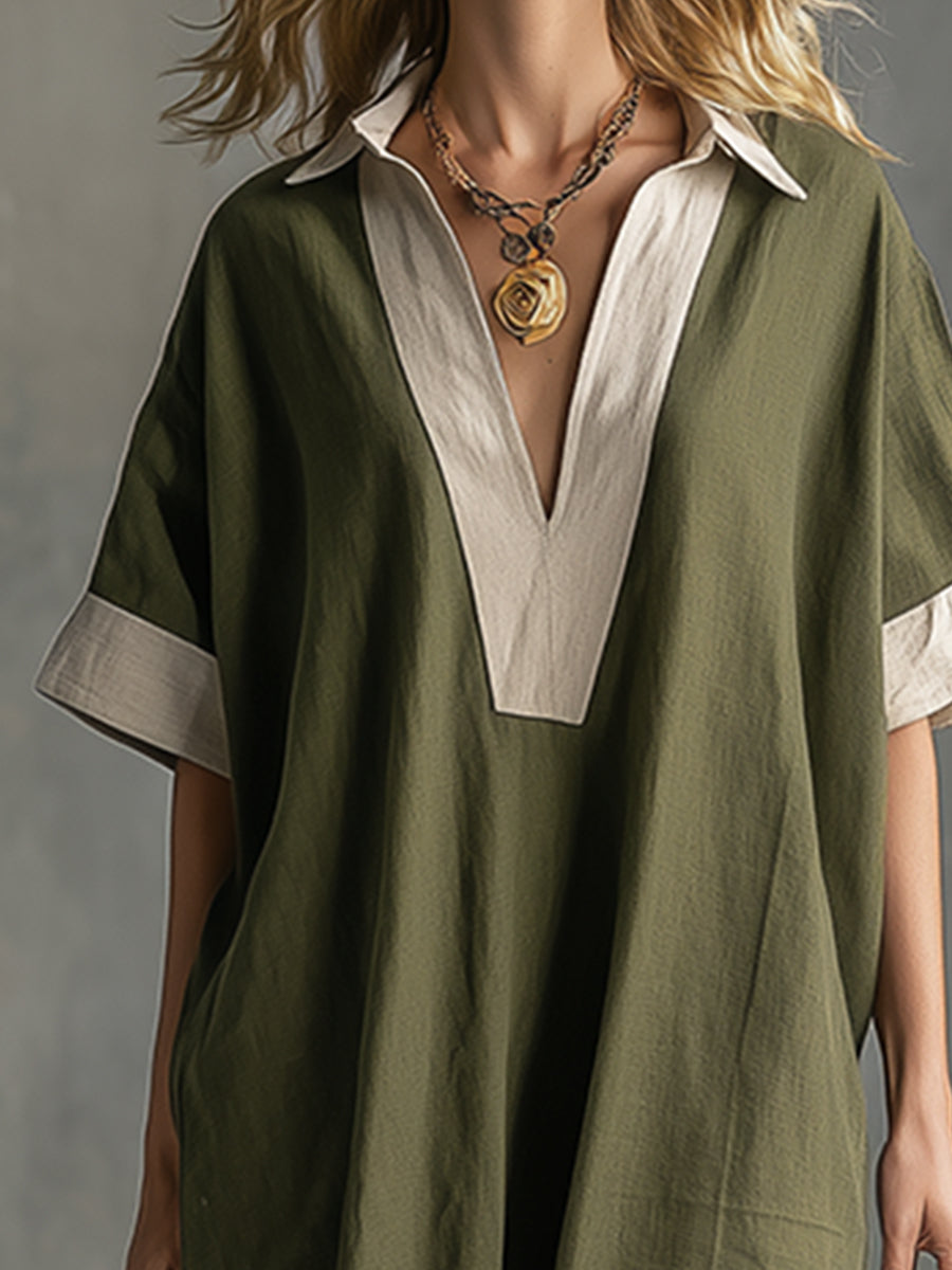 Elegant And Casual Color-blocked Neckline Bean Green Cotton And Linen Short-sleeved Midi Dres