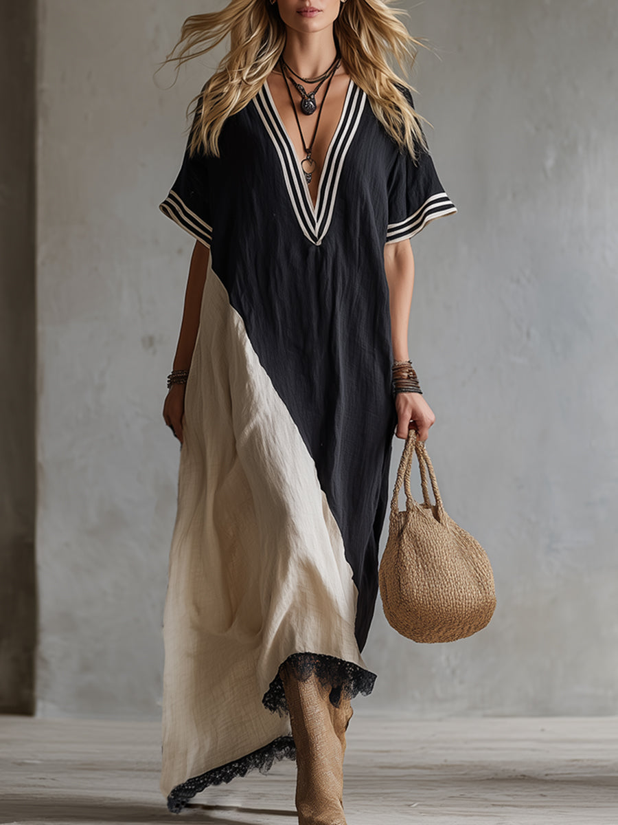 Elegant And Casual Striped Neckline Color-blocked Cotton And Linen Short-sleeved Maxi Dress