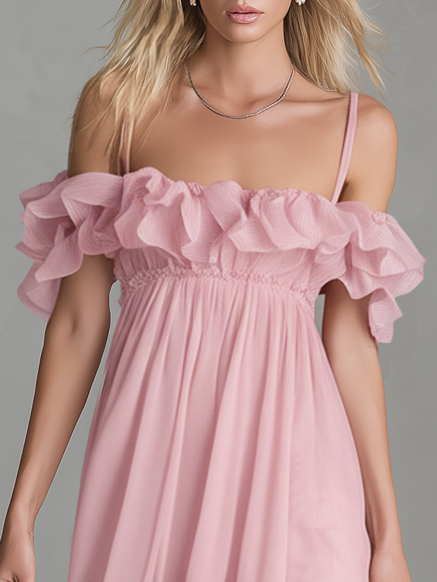 Romantic And Stylish Off-the-shoulder Chiffon Ruffle Detail Maxi Dress
