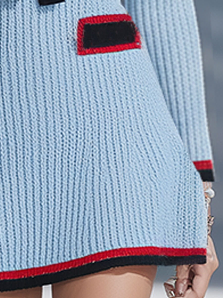 Stylish Retro Black And Red Trimmed Blue Knit Mini Dress