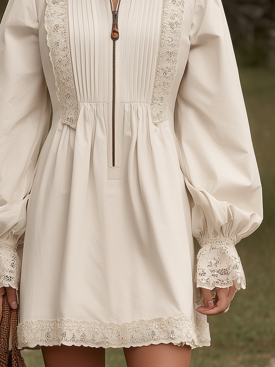 Stylish White Pleated With Partial Lace Detail And Half-zip Closure Mini Dress
