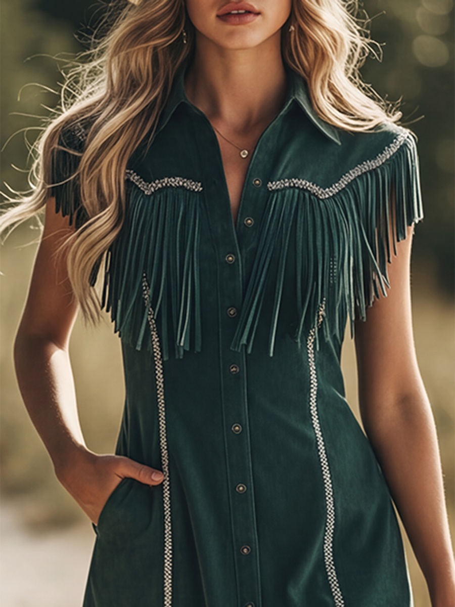 Retro-style Shirt Collar Button Closure Tassel Faux Suede Mini Dress