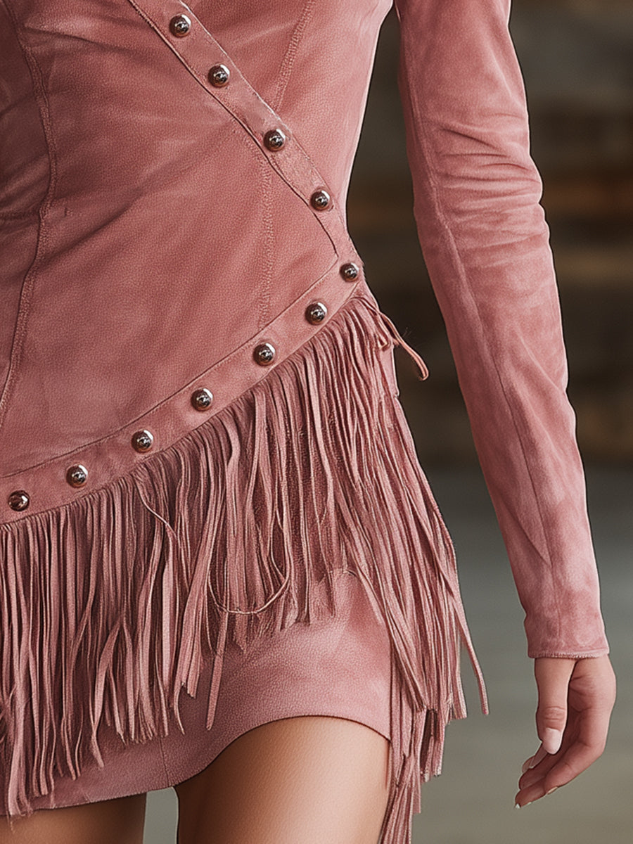 Western-style Pink Faux Suede Irregular Buttoned With Fringe Details Mini Dress