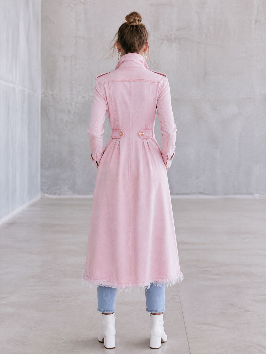 Fashionable Retro-style Frayed Pink Faded Denim Military-style Coat