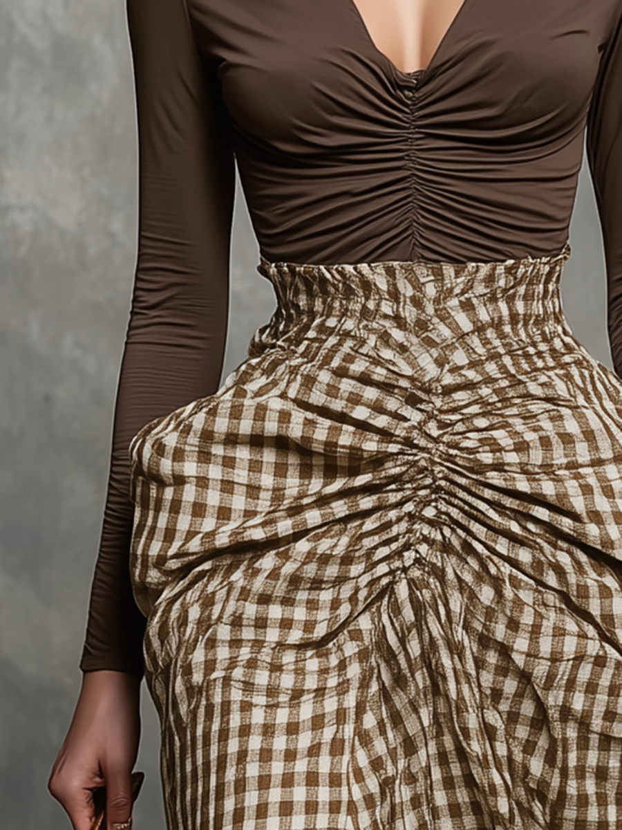 Retro Western Style Stylish Pleated V-Neck Brown T-Shirt