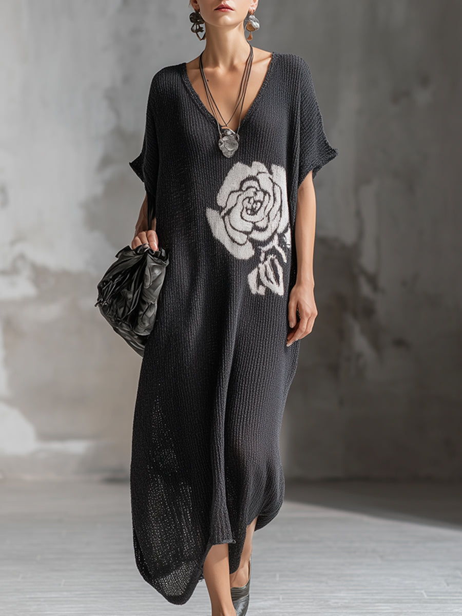 Elegant Dark Gray Floral Pattern Lightweight Knitted Short-sleeved Maxi Dress