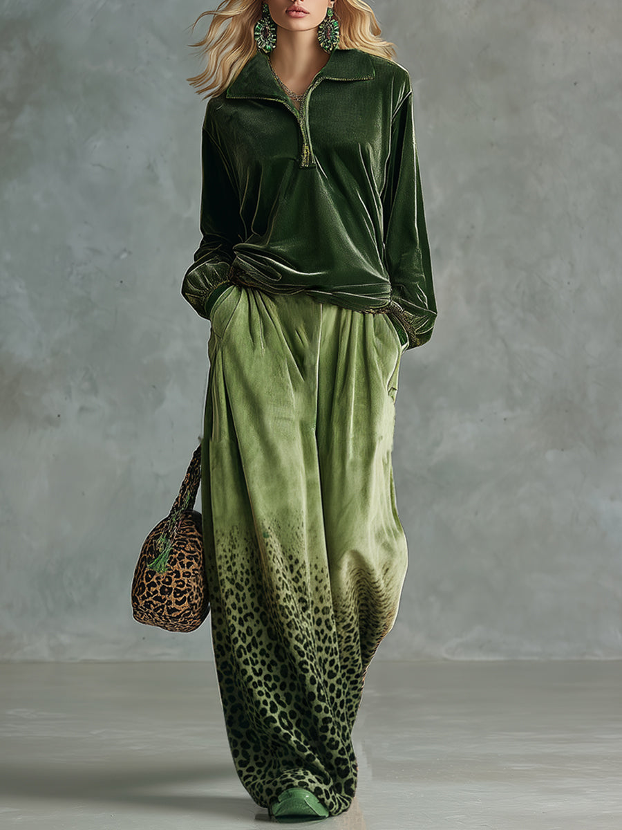 Trendy Retro Sporty Green Velvet Top And Leopard Print Wide-leg Pants Set