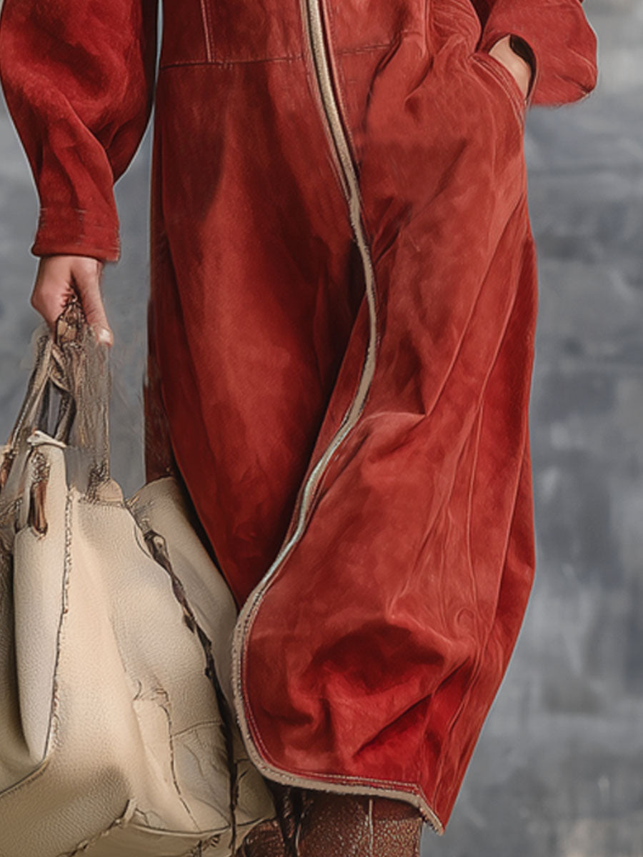 Western-style Lapel Zipper Color-blocked Faux Suede Midi Dress